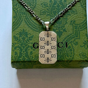 Gucci Sterling Silver Bee GG Logo Dog Tag Necklace